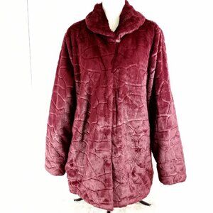 Dennis by Dennis Basso Large Burgundy Women's Faux Fur Button Up Coat NO BELT